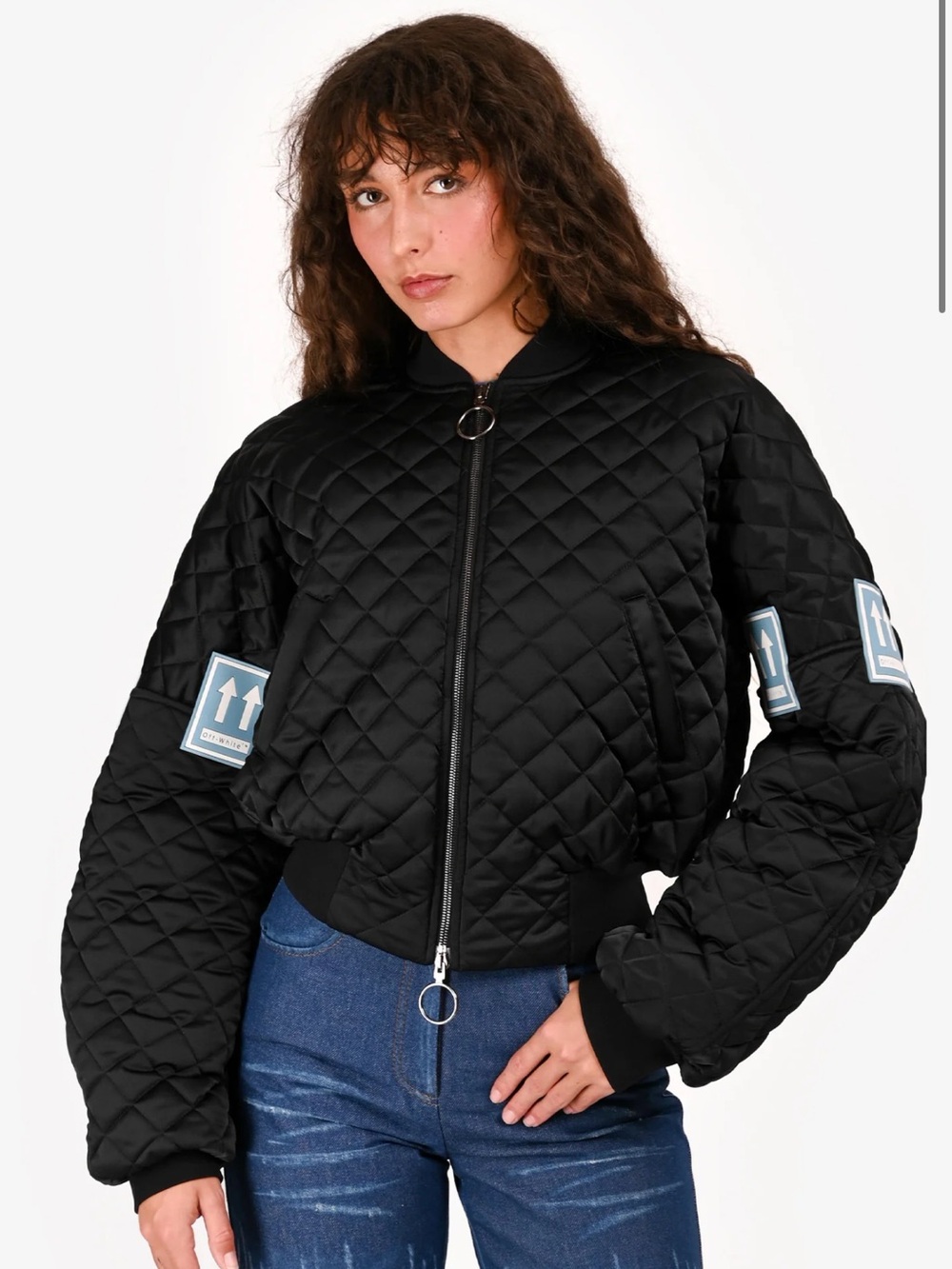 OFF-WHITE BLACK QUILTED BLUE LOGO PATCH BOMBER JACKET